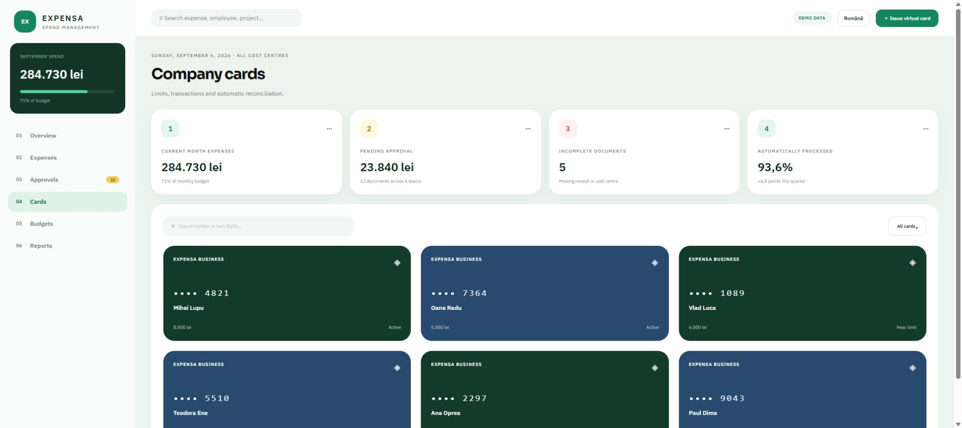 Demo screen Cards for Expenses and reimbursements
