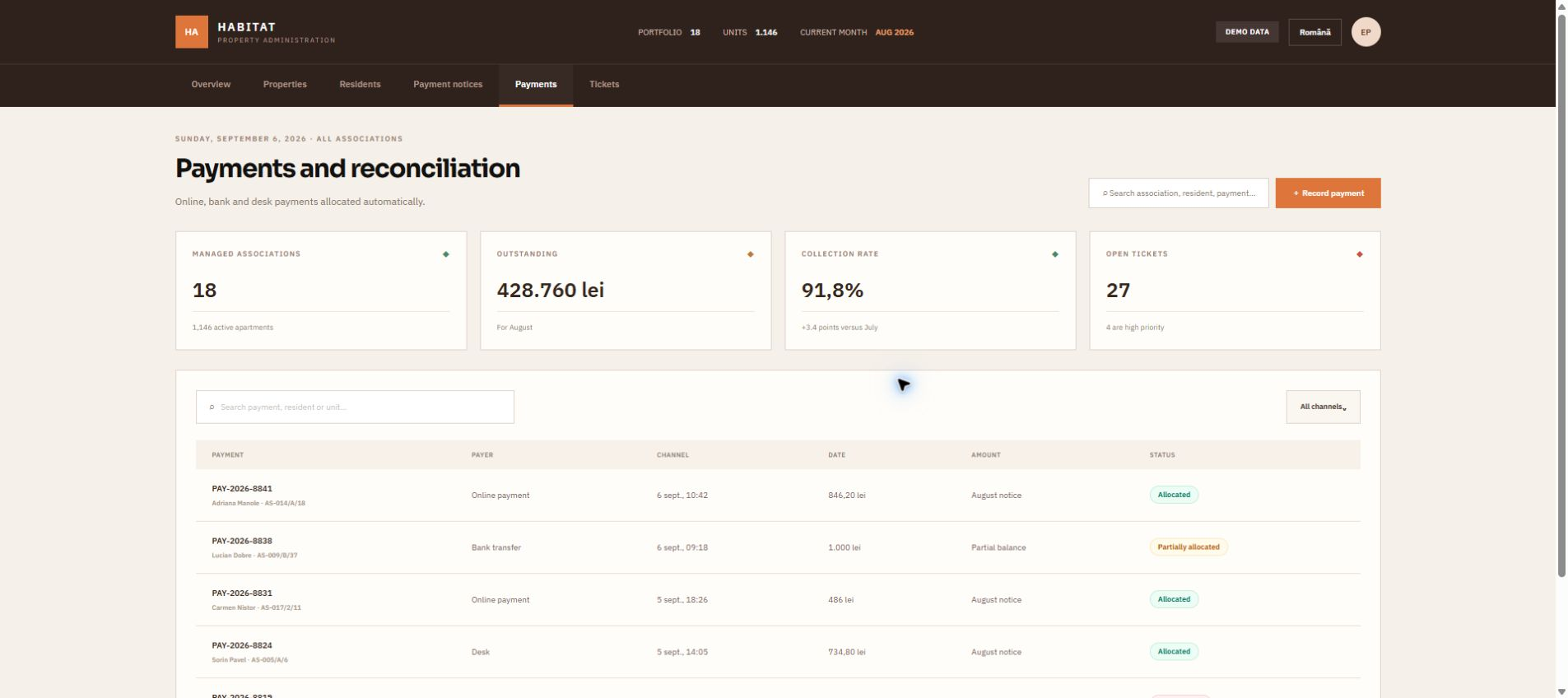 Demo screen Payments for Building management