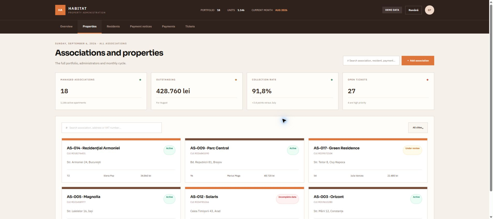 Demo screen Properties for Building management