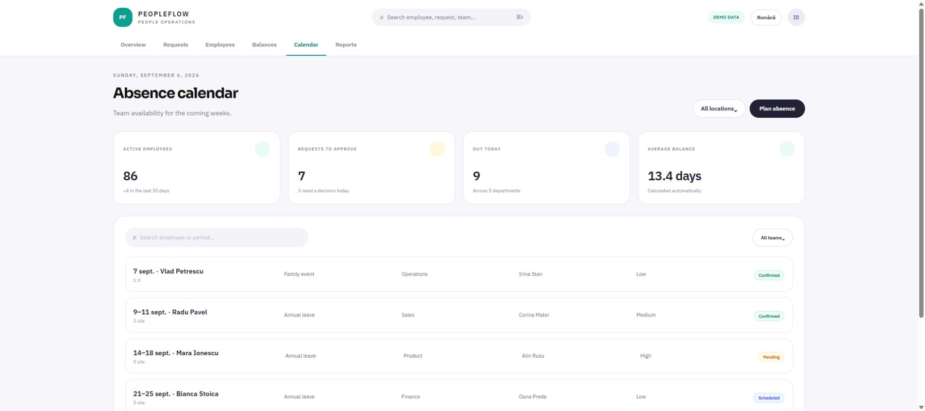 Demo screen Calendar for HR — leave requests