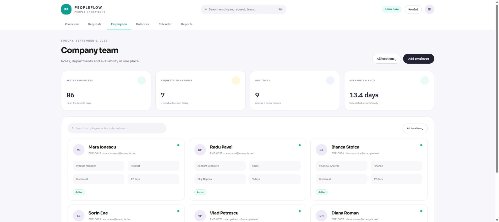 Demo screen Employees for HR — leave requests