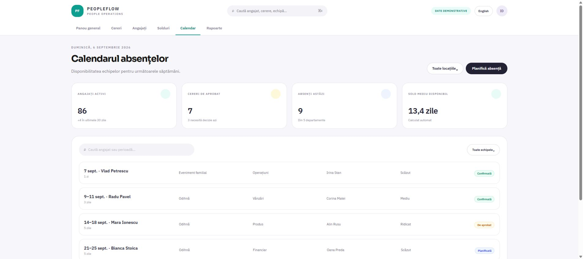 Ecran demonstrativ Calendar pentru HR — cereri de concediu